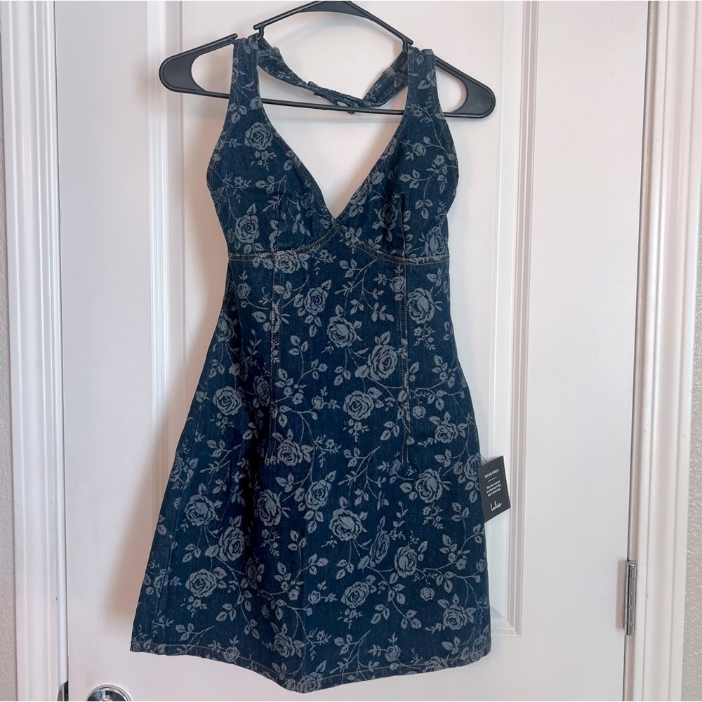Lulus Summertime Inspiration Dark Wash Floral Denim Halter Mini Dress Blue - Picture 5 of 8